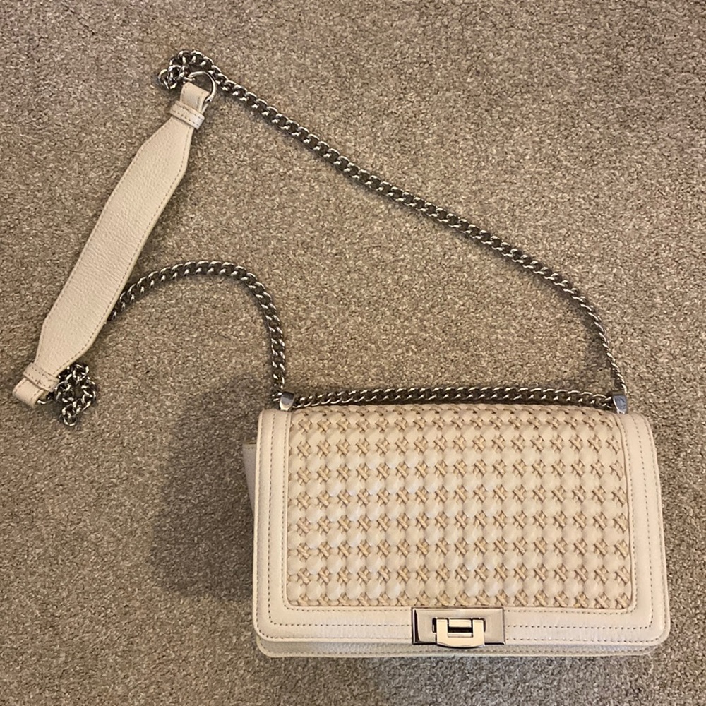 Sam Edelman Ivory Genuine Leather Chain Strap Woven Crossbody Bag